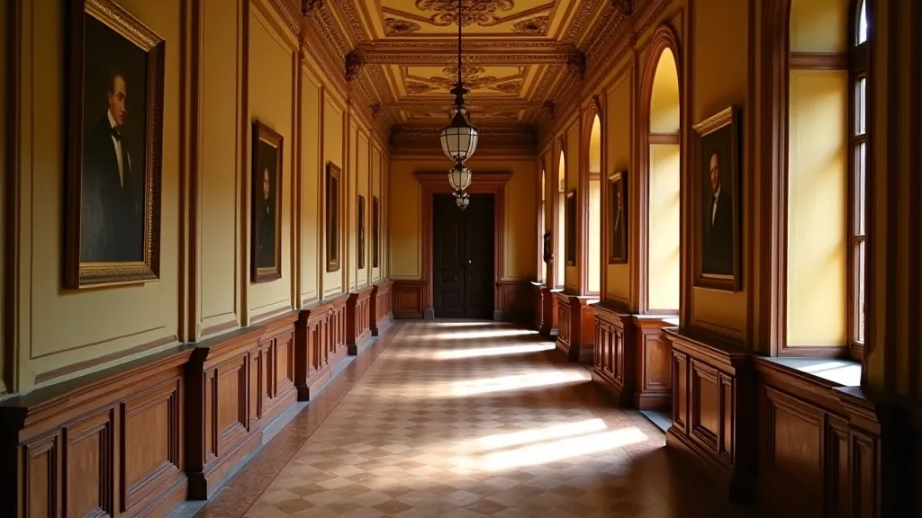 Wewnętrzne korytarze pałacu ze starymi portretami na ścianach i drewnianymi balustradami