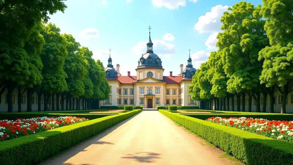 Stary pałac otoczony zielonymi drzewami i klombami kwiatów w słoneczny dzień