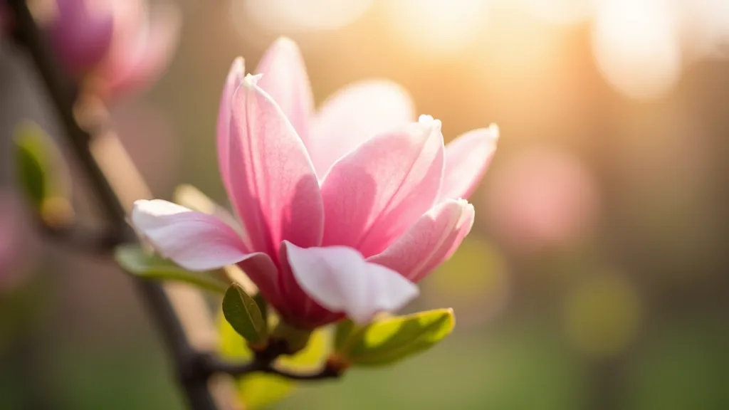 Różowe kwiaty magnolii na drzewie wśród zieleni, wiosenny dzień w ogrodzie botanicznym