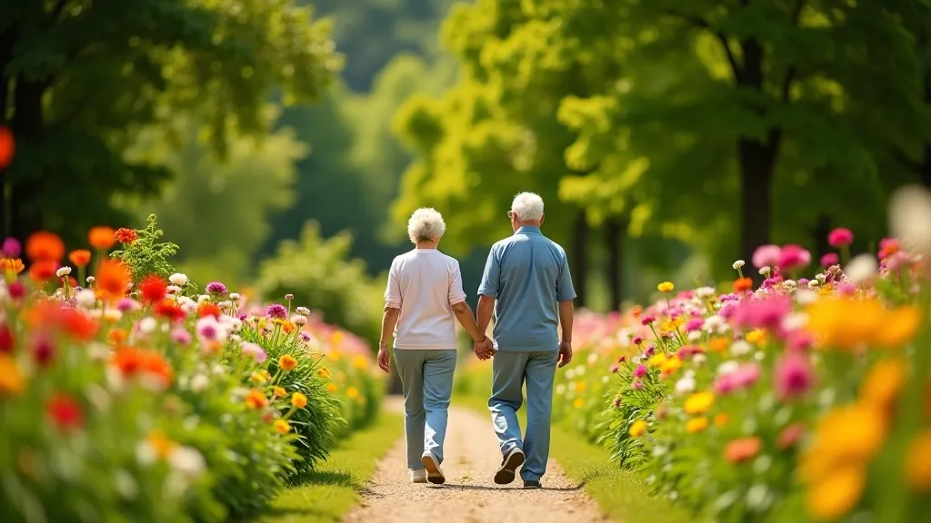 Dwaj seniorowie spacerują po pięknym ogrodzie pałacowym w słoneczny dzień