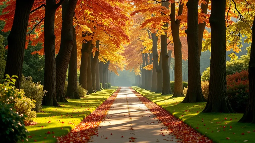 Ścieżka w arboretum między drzewami, jesienne liście w różnych kolorach, łagodny podjazd