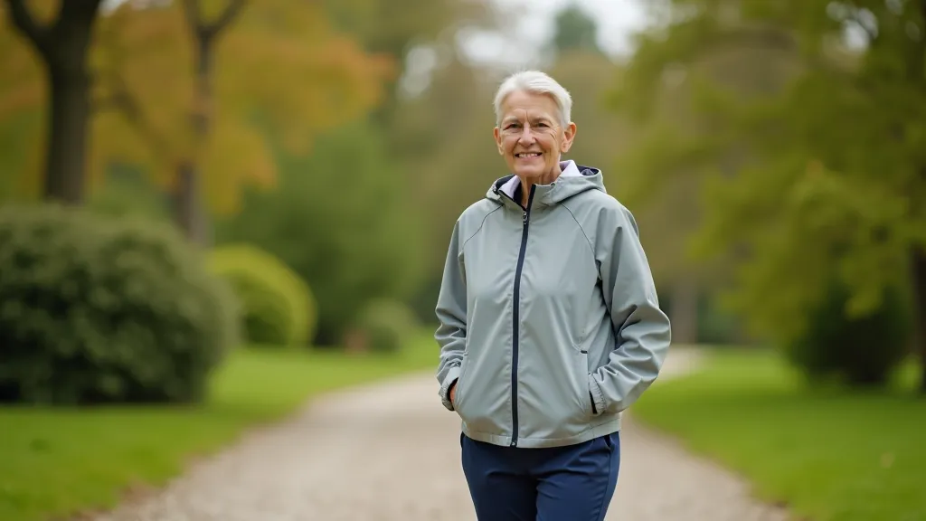 Osoba ubrana w wygodne spodnie sportowe i lekką kurtkę, stojąca na żwirowej ścieżce w ogrodzie pałacowym