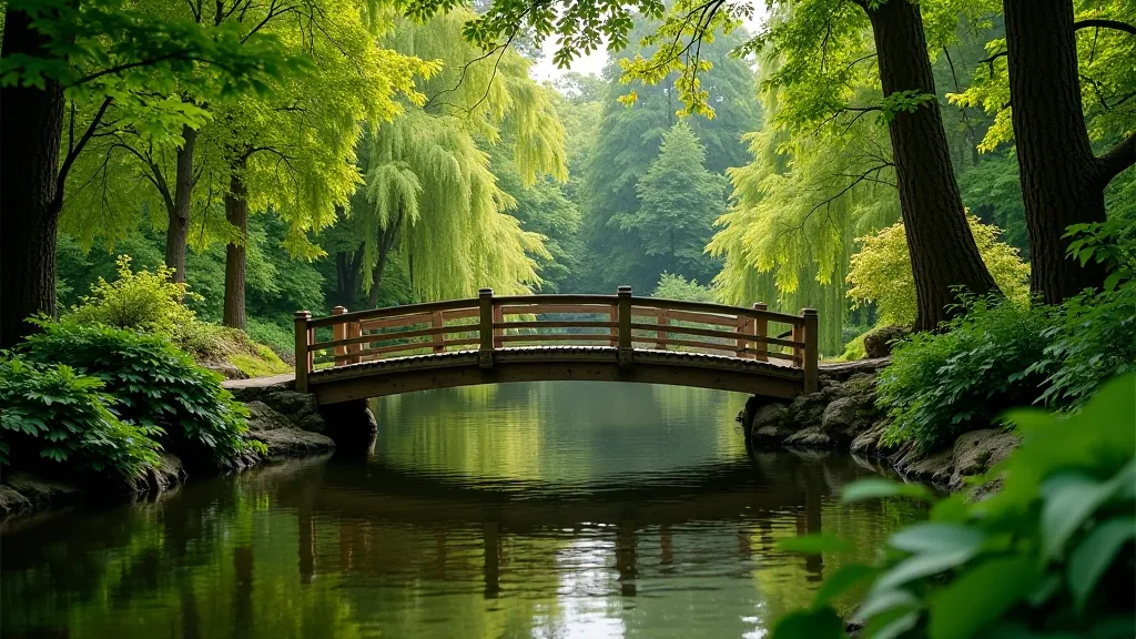 Drewniany most nad wodą w arboretum, otoczony zielenią i drzewami liściastymi